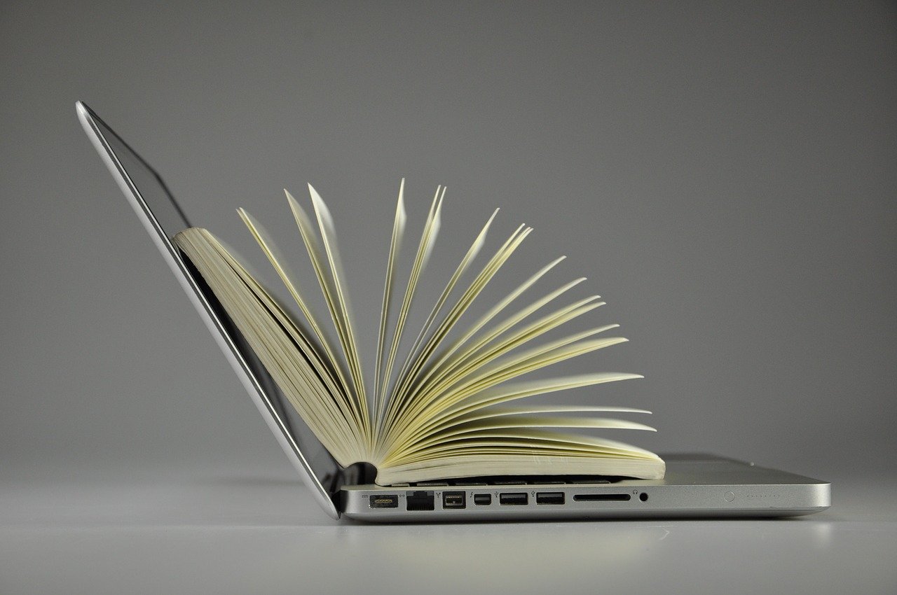 laptop, book, information